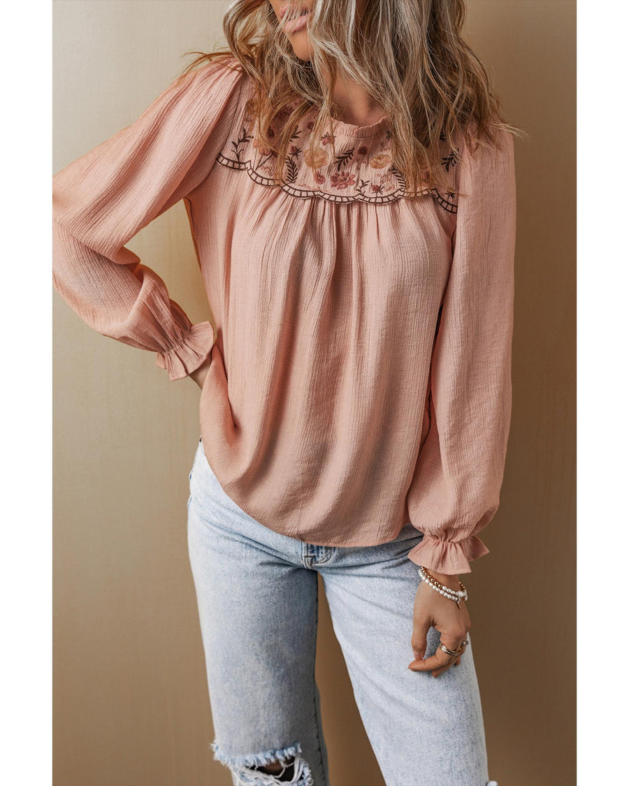 Gossamer Pink Floral Embroidered Textured Flounce Sleeve Elegant Blouse - L