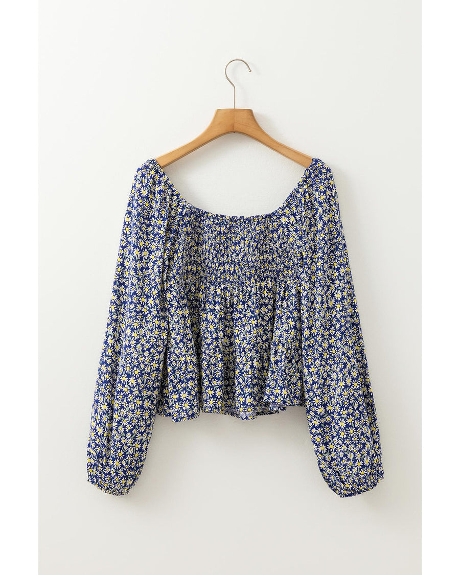Blue Boho Floral Print Smocked Square Neck Loose Fit Blouse - M