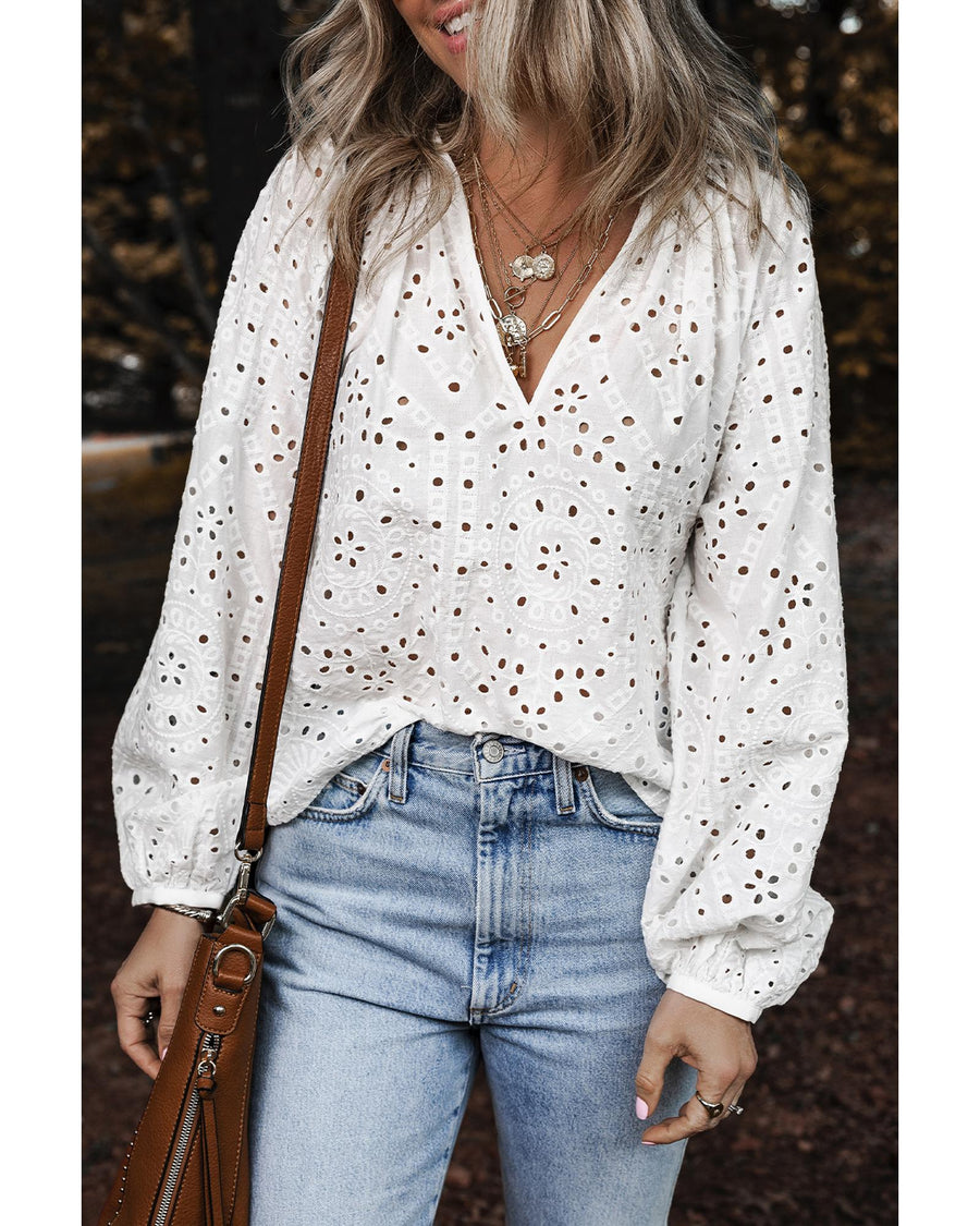 White Eyelet Embroidered Puff Sleeve V Neck Blouse - M