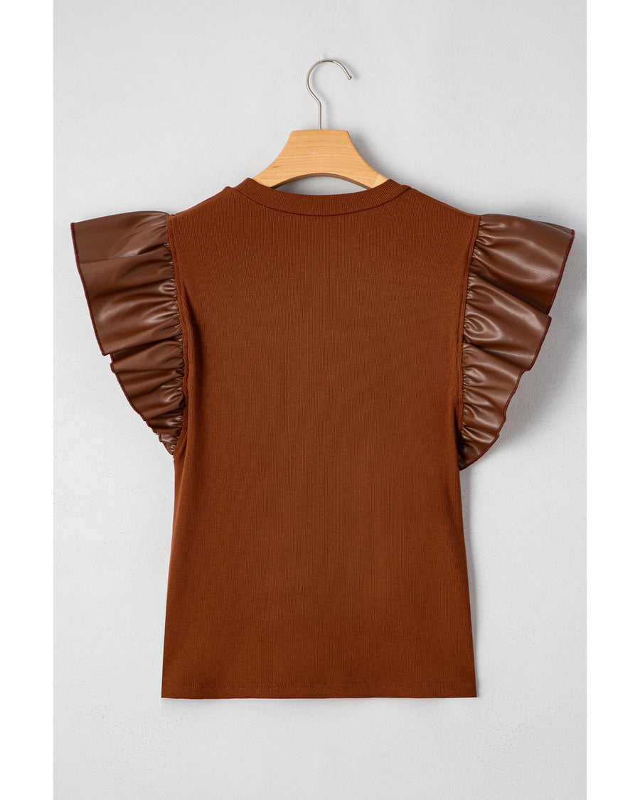 Cinnamon Leather Ruffle Sleeve Patchwork Round Neck Blouse - L