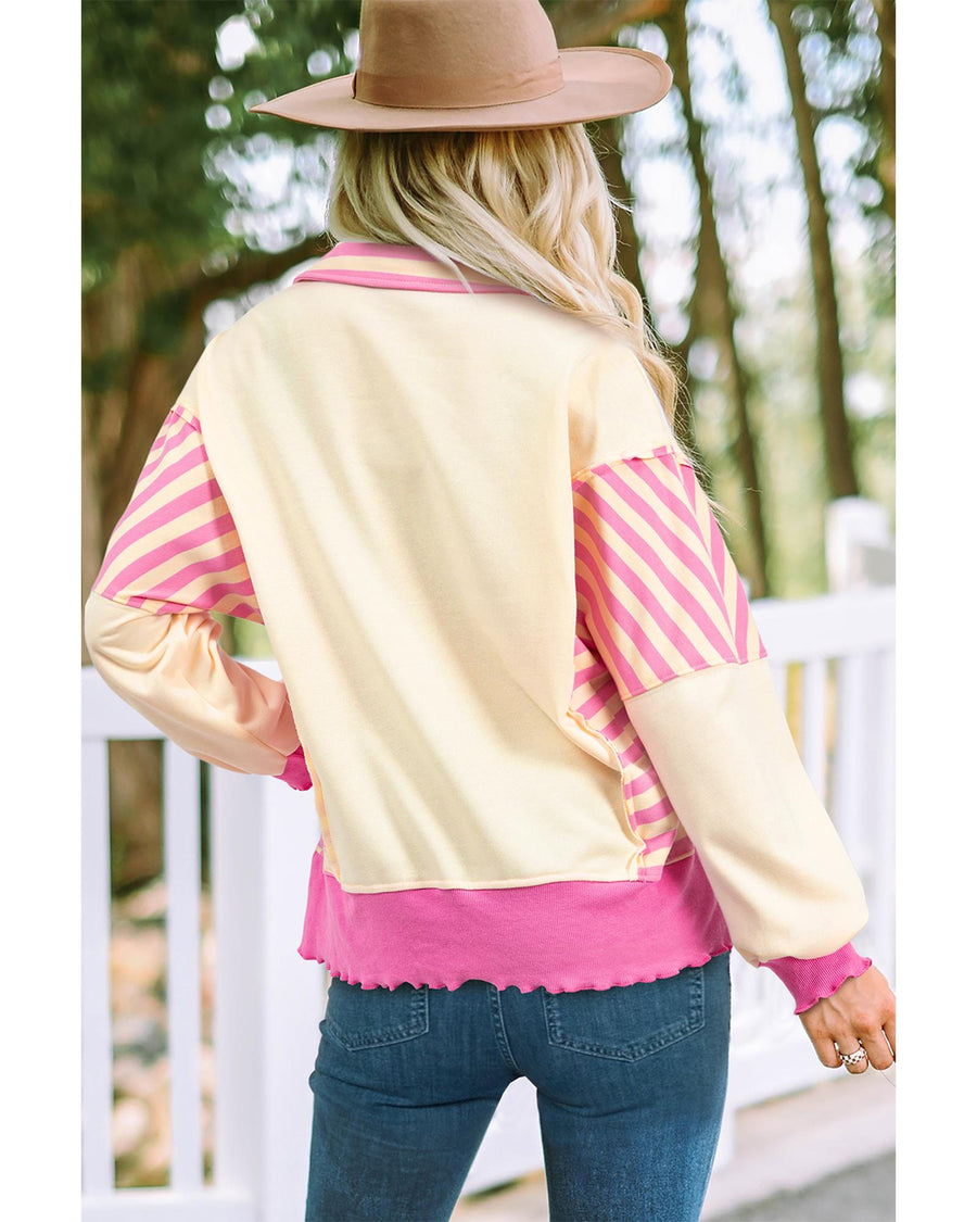 Pink Stripe Colorblock Patchwork Collared French Terry Knit Top - L