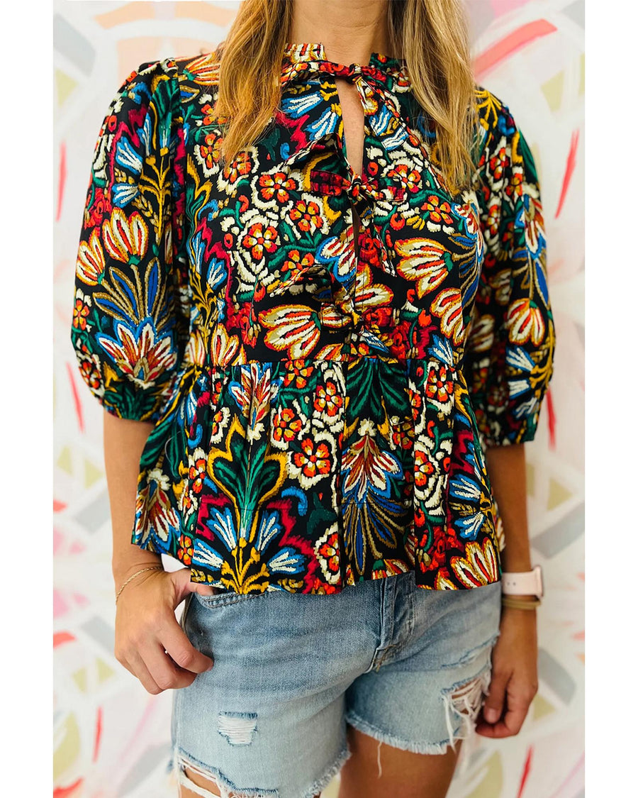 Black Tropical Print Bubble Sleeve Knot Front Blouse - S