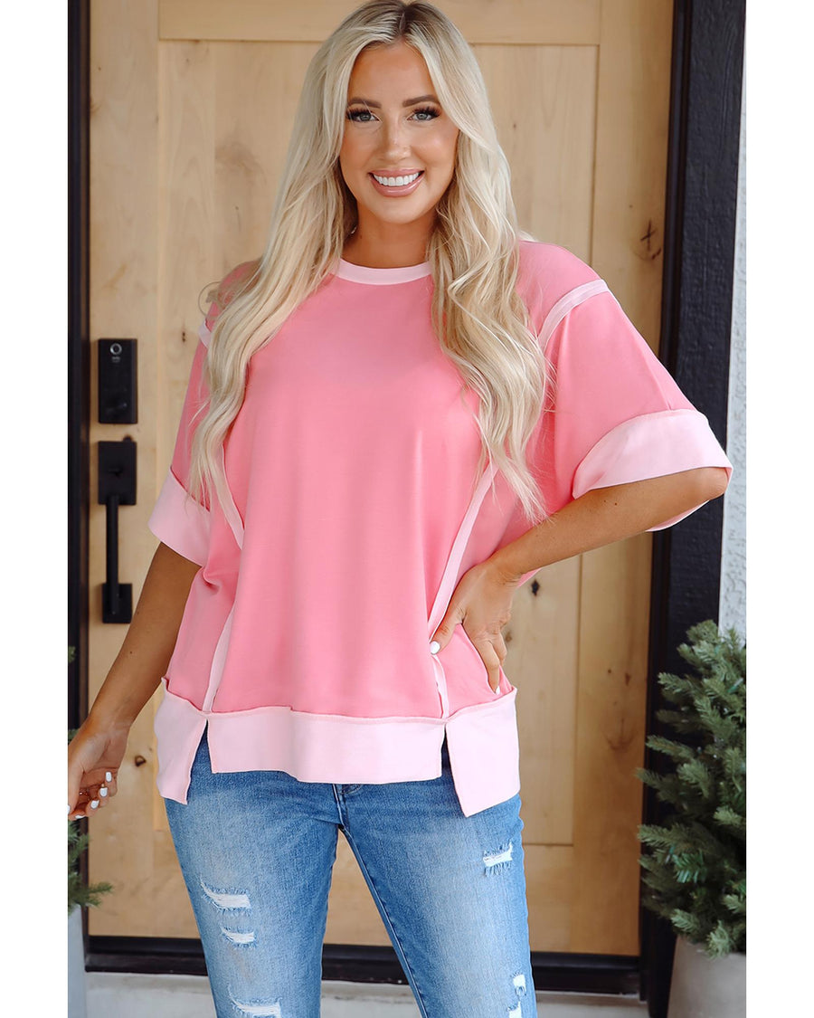 Peach Blossom Half Sleeve Raw Seam High Low Side Split Top - L
