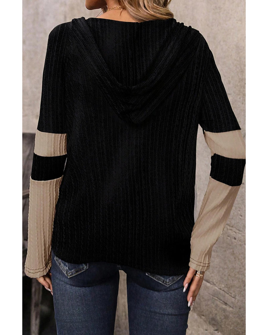 Parchment Textured Colorblock Long Sleeve Quarter Zip Drawstring Hooded Top - S