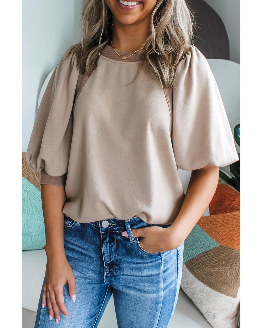 Goat Half Lantern Sleeve Solid Colour Pullover Top - M