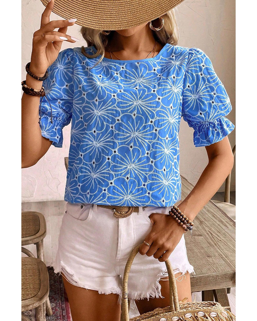 Sky Blue Eyelet Flower Embroidery Frilled Short Puff Sleeve Blouse - L
