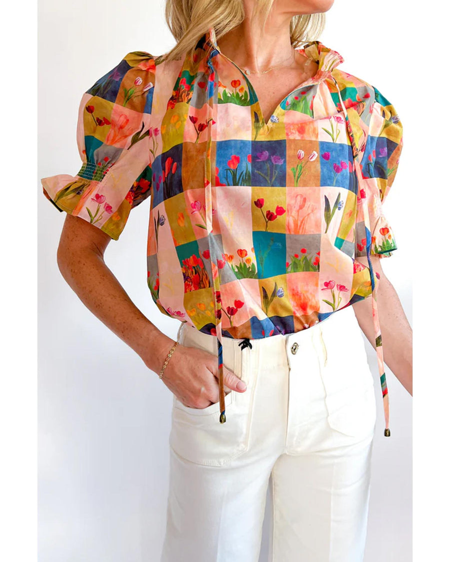 Multicolour Floral Checker Print Ruffled Short Puff Sleeve Blouse - S