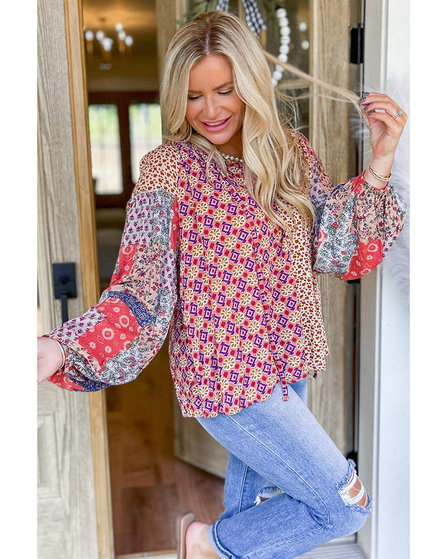 Orange Mixed Floral Printed Long Sleeve Tied V Neck Blouse - M
