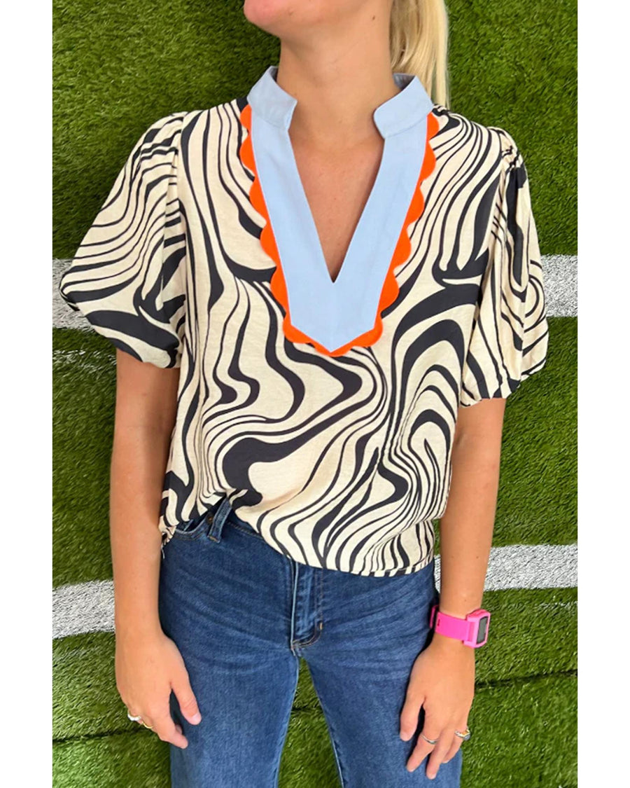 White Zebra Stripe Print Contrast V-Neck Ricrac Detail Short Sleeve Blouse Top - XL