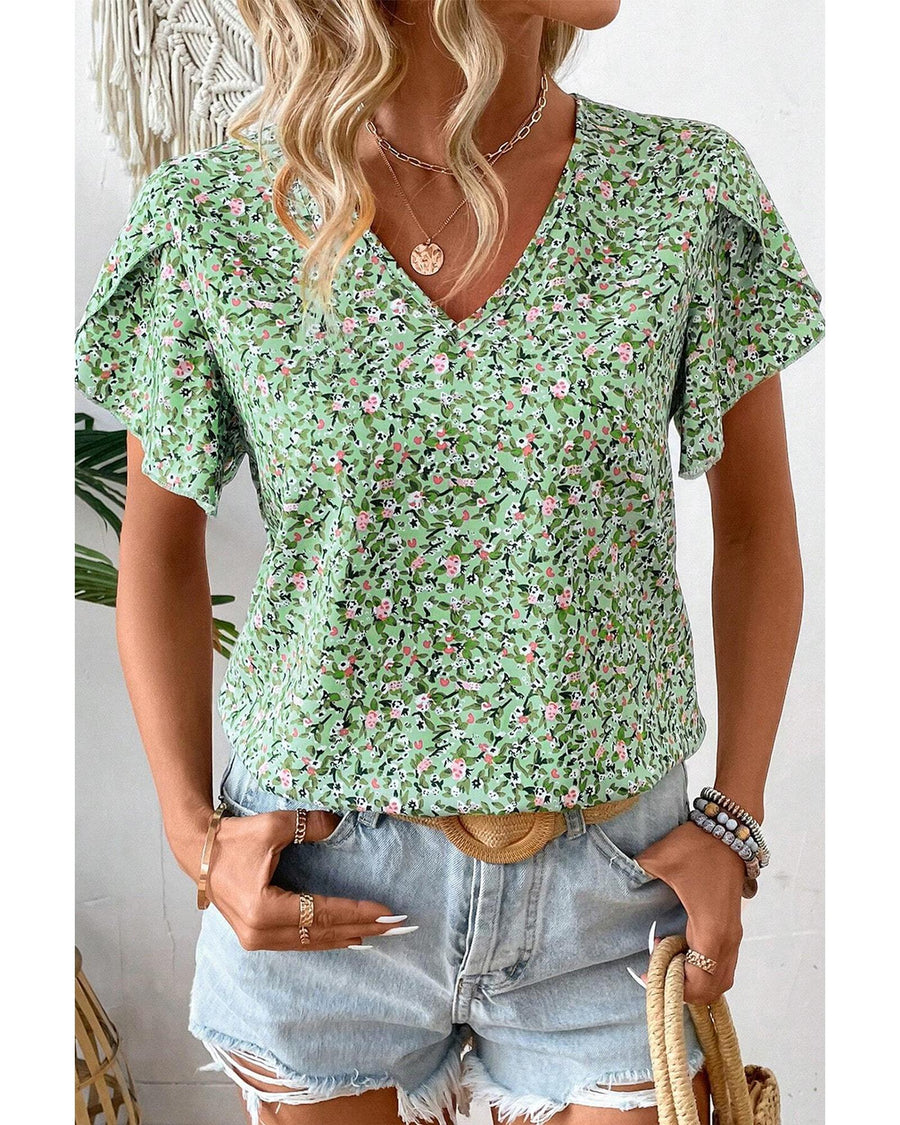 Green Boho Floral V Neck Wrap Short Sleeve Blouse - M
