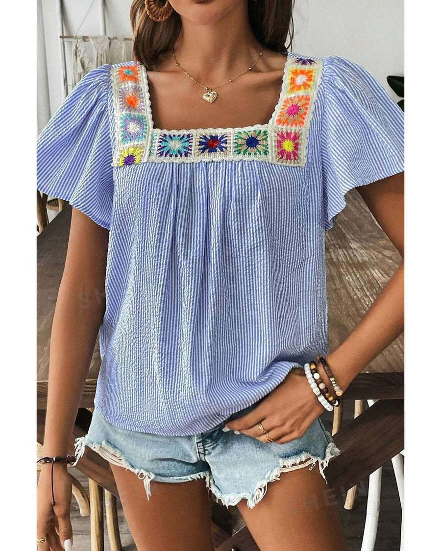 Sky Blue Stripe Textured Ruffle Short Sleeve Boho Detail Square Neck Blouse - S