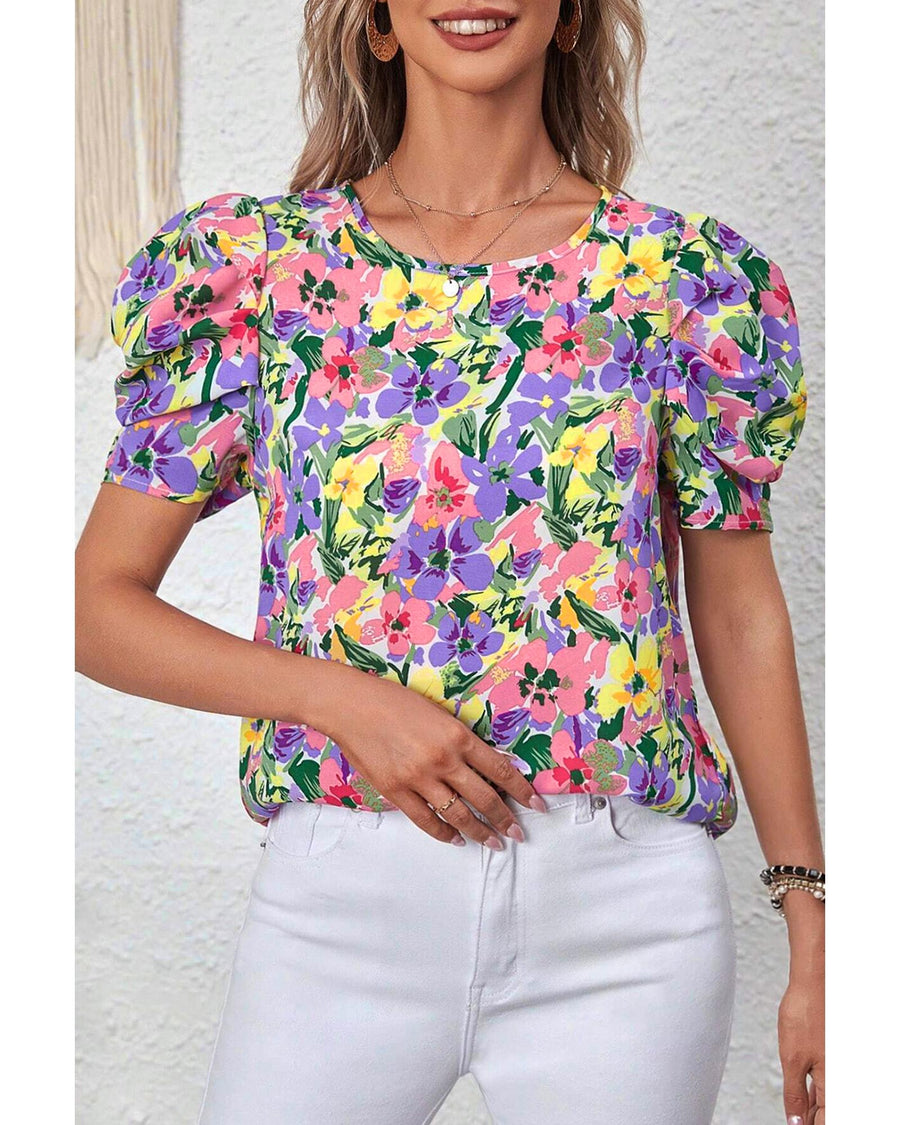 Purple Floral Print Puff Short Sleeve Crew Neck Blouse - M