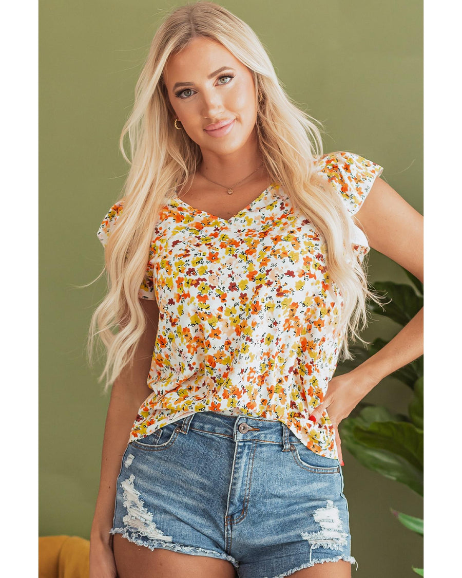 Green Floral Print Ruffled Sleeveless V Neck Tank Top - XL