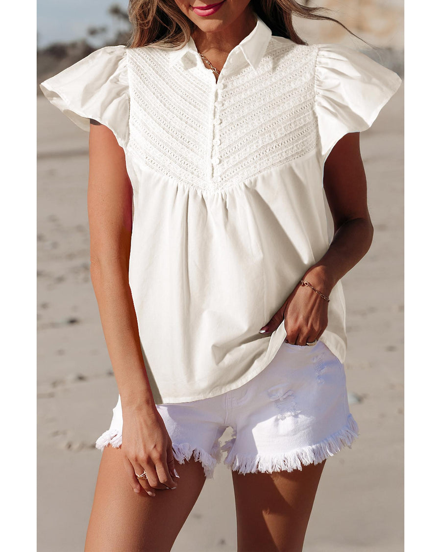 White Half Button Lace Patchwork Flutter Sleeve Blouse - L