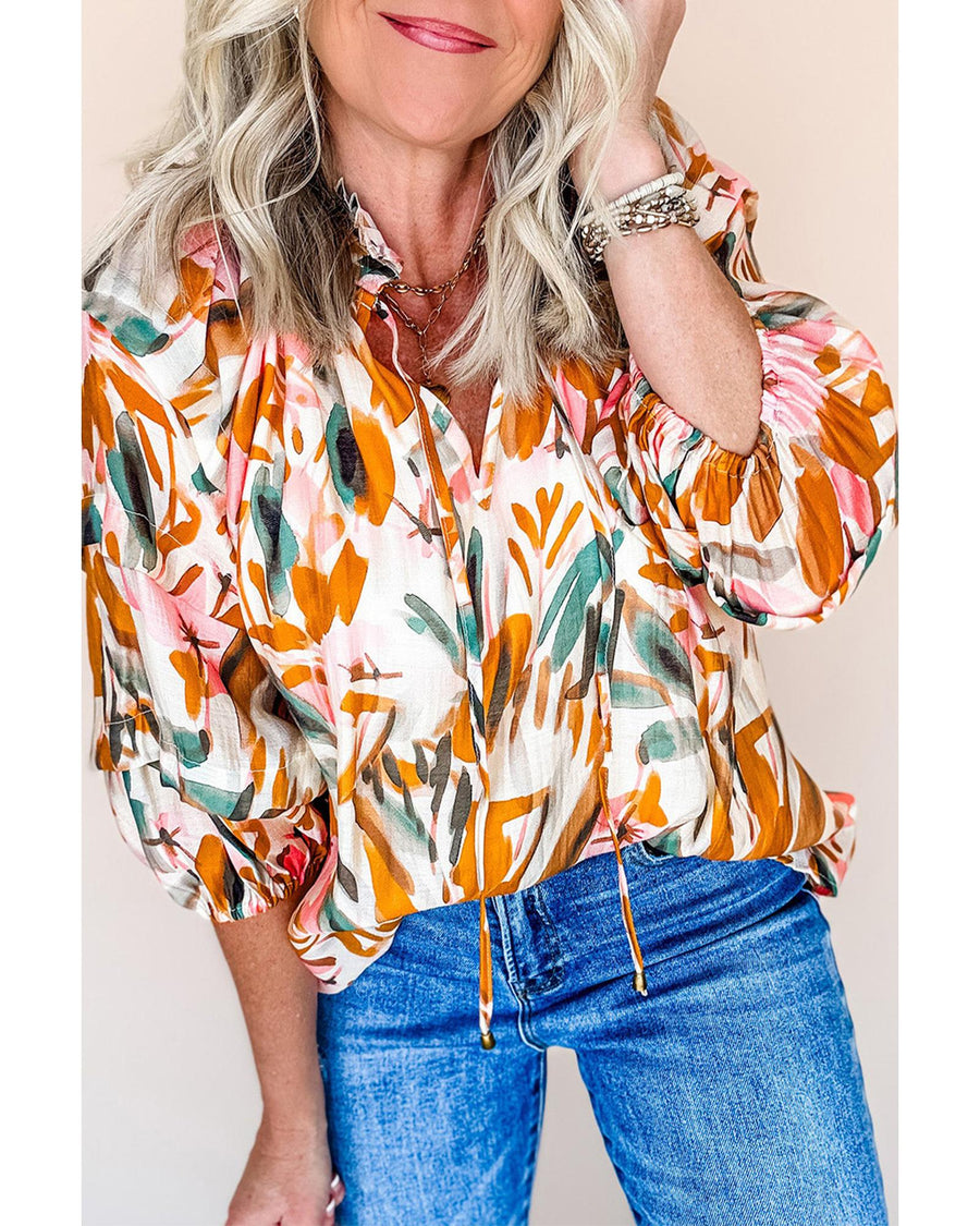 Yellow Abstract Print Drawstring Frilled V Neck 3/4 Sleeve Blouse - L