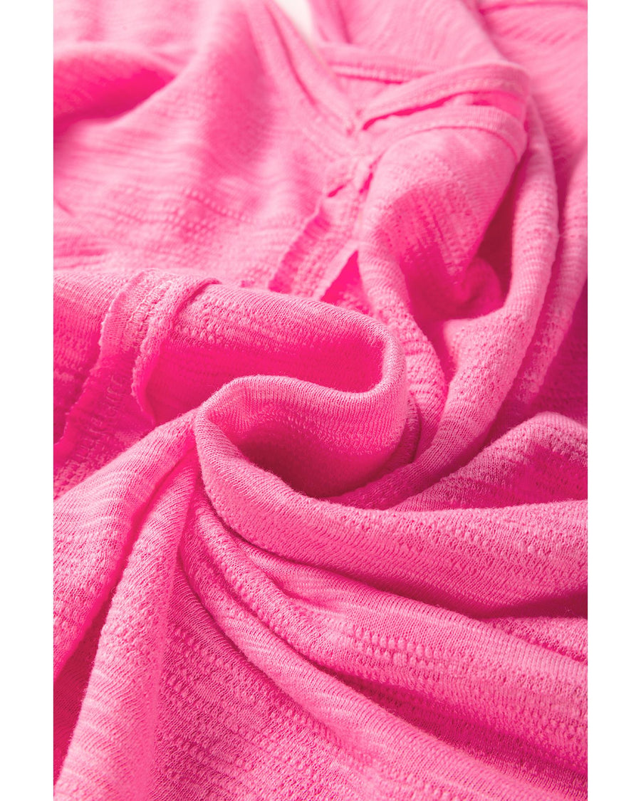 Sachet Pink Contrast Patchwork 3/4 Sleeve V Neck Loose Blouse - L