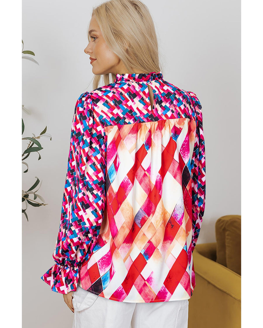 Rose Red Abstract Geometric Pattern Patchwork Puff Sleeve Blouse - M