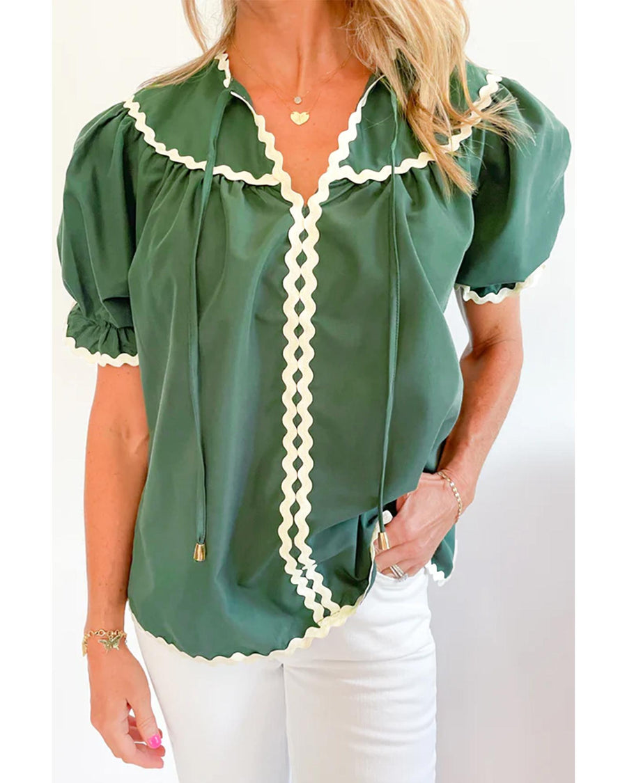 Mist Green Ric Rac Trim Tie Split Neck Short Sleeve Blouse - XL