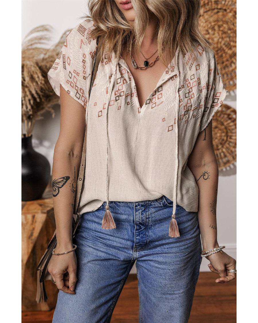 Jet Stream Geometric Embroidered Short Sleeve Tassel Tied V Neck Blouse - M