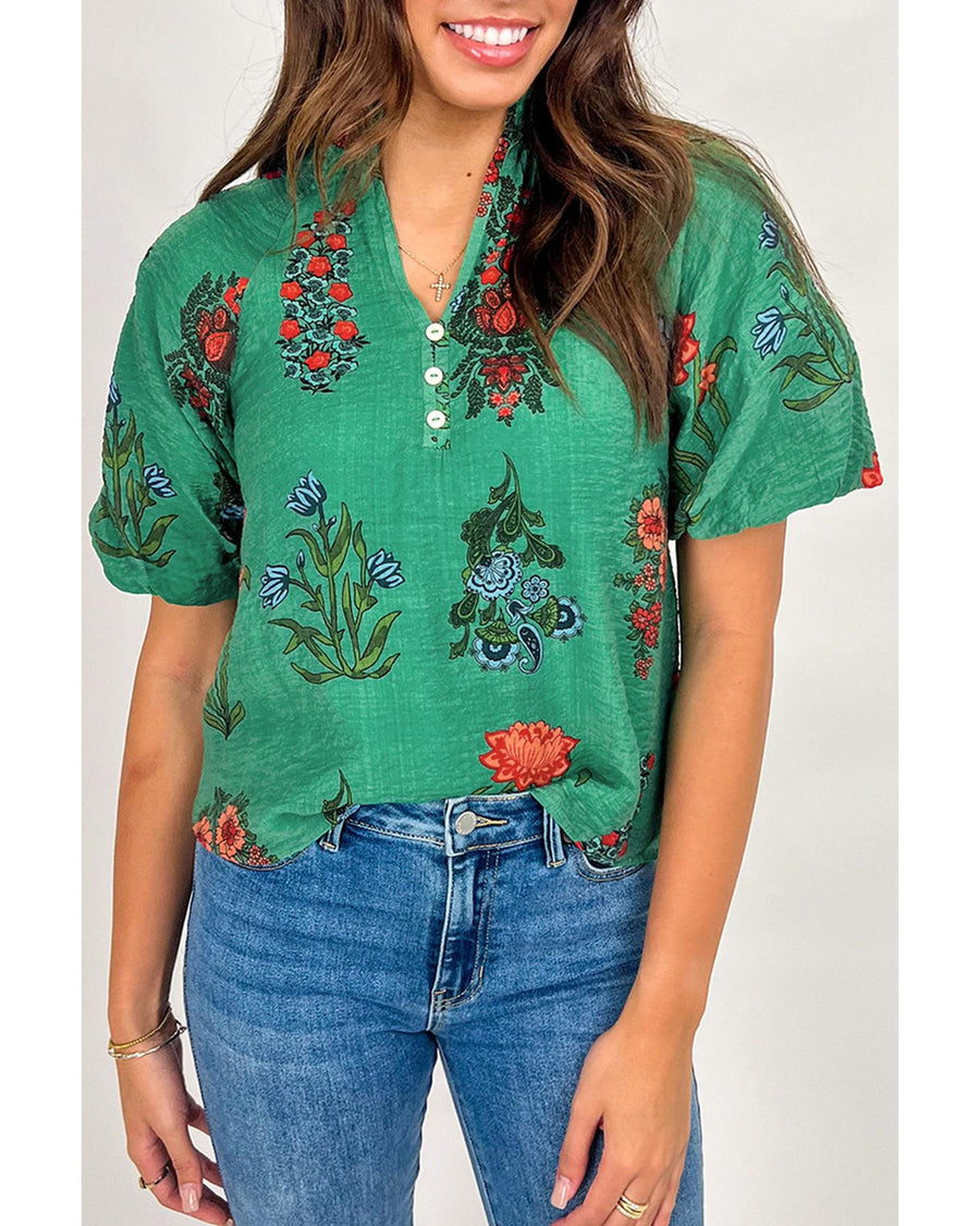 Bright Green Floral Print Buttoned V Neck Short Sleeve Blouse - L