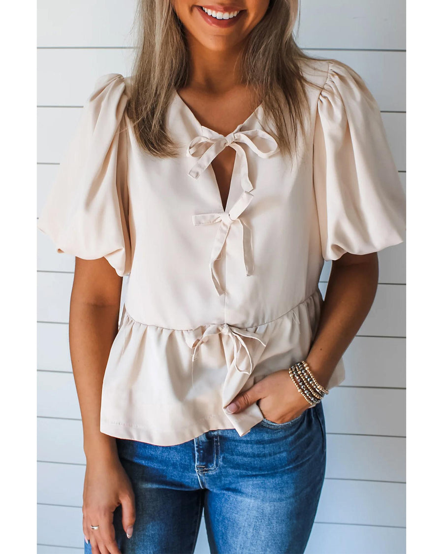 White Bow Tie Short Puff Sleeve Ruffle Hem Blouse - M