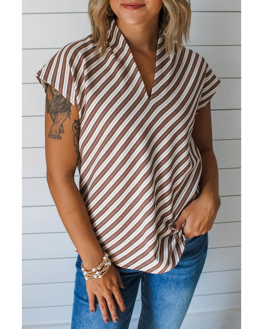 Chestnut Striped Stand V Neck Short Sleeve Blouse - L