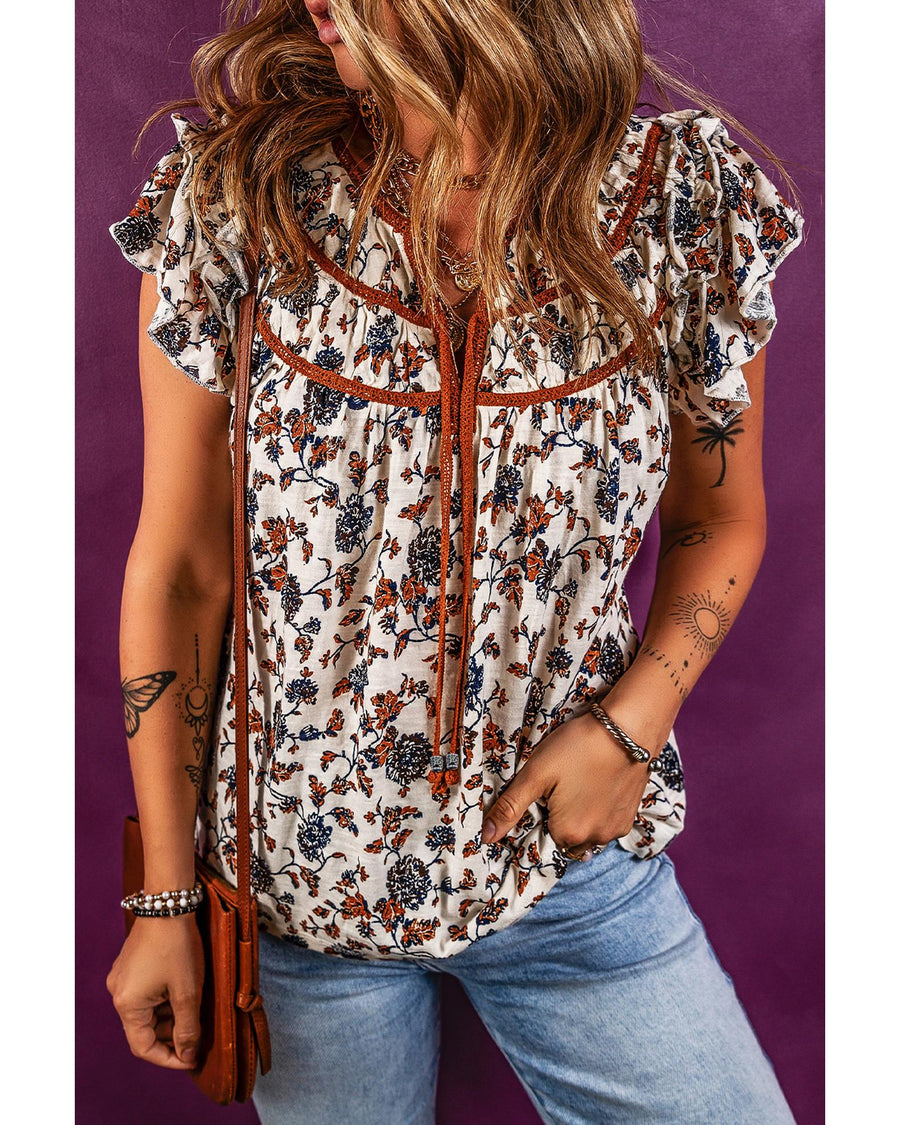 White Floral Frilly Blouse with Lace Up - M