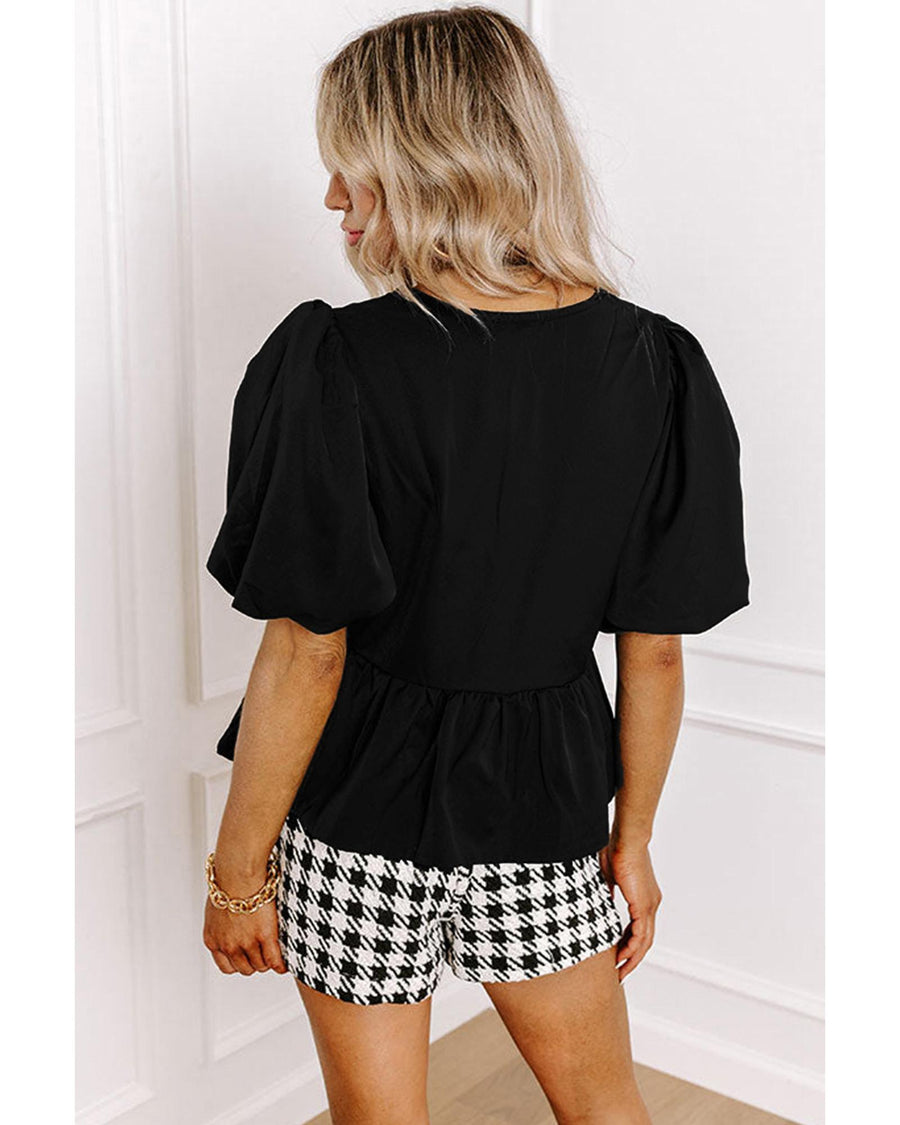 Black Puff Sleeve Bowknot Front Peplum Blouse - M