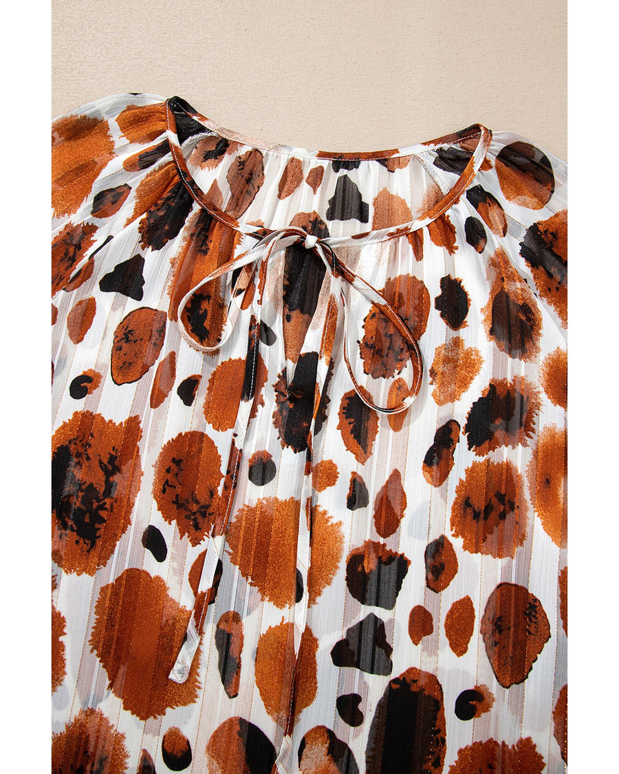 Brown Metallic Threading Accents Pleated Abstract Printed Ruffled 3/4 Sleeve Blouse - L