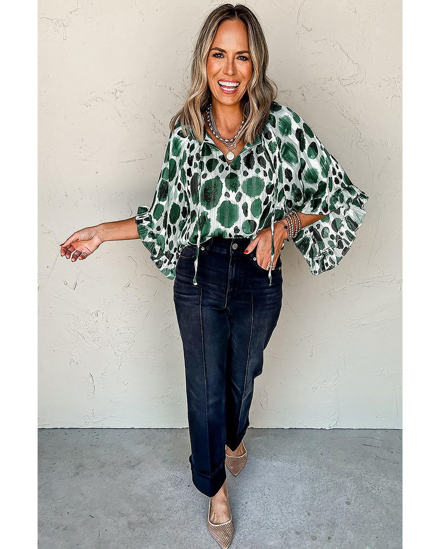 Green Metallic Threading Accents Pleated Abstract Printed Ruffled 3/4 Sleeve Blouse - S