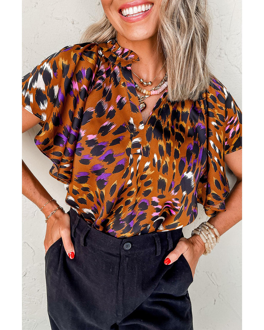 Orange Leopard Printed Draped Short Sleeve Slit V Neck Blouse - XL