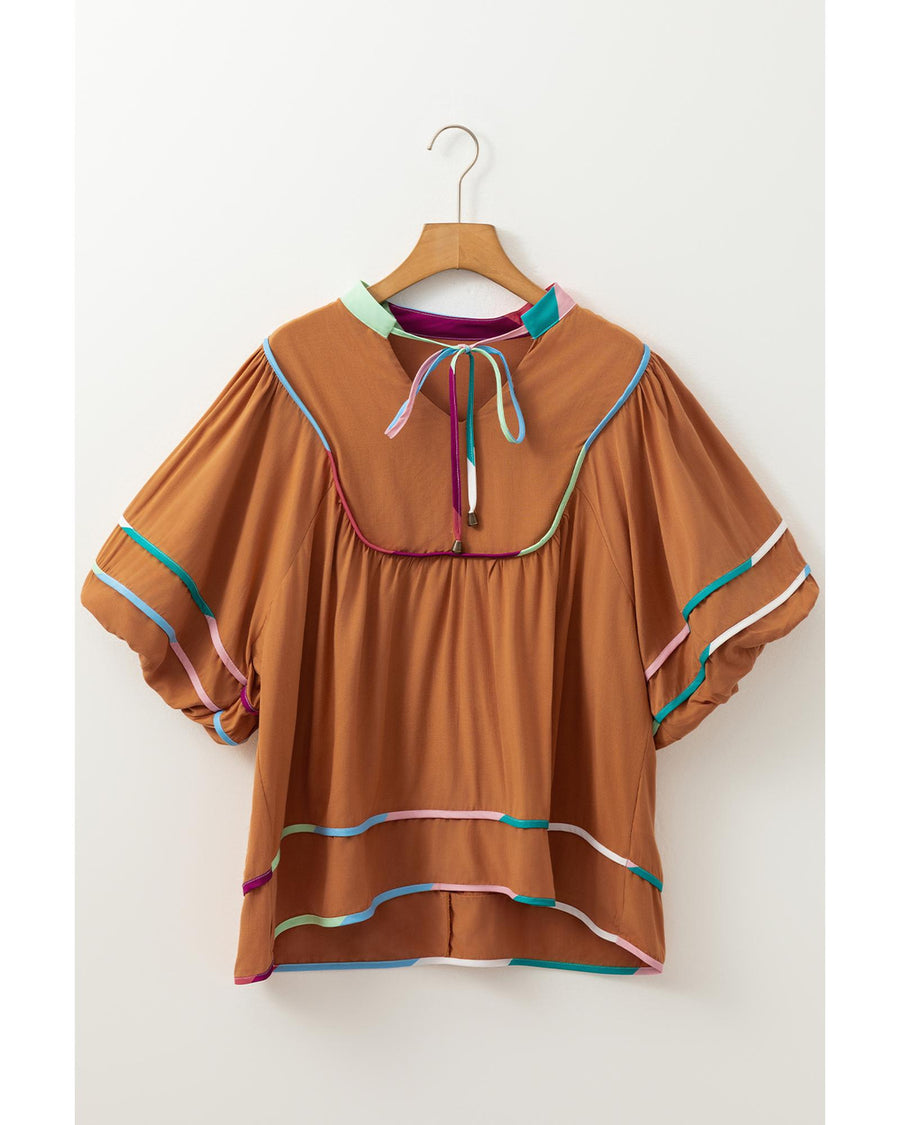 Azura Exchange Thai Curry Colorful Trim Wide Short Sleeve V Neck Blouse - S
