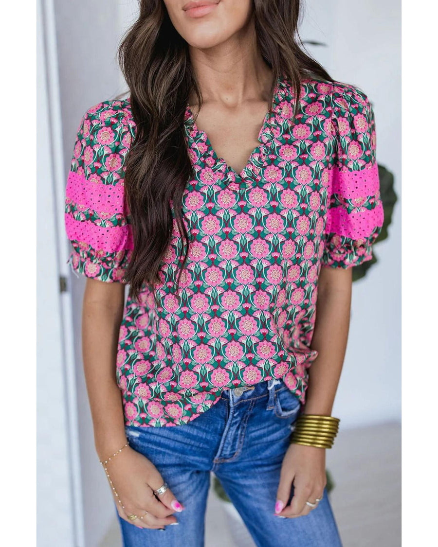 Sachet Pink V-Neck Ruffle Abstract Floral Print Puff Sleeve Top - XL