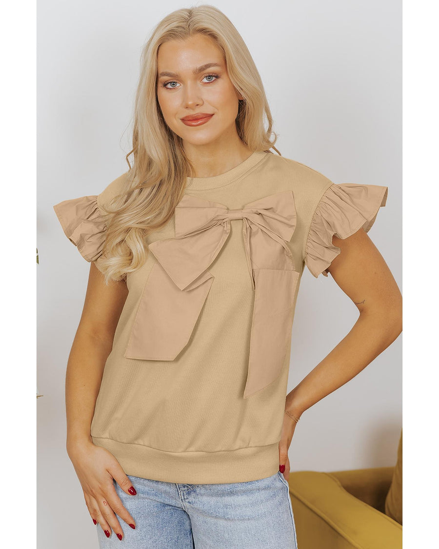 Parchment Two Tones Ribbon Bow Ruffle Sleeve Top - XL