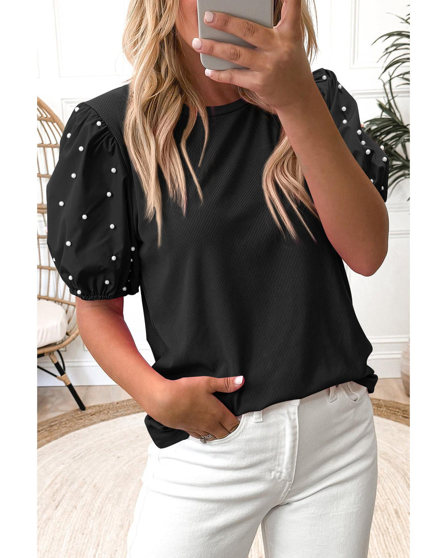 Black Ribbed Pearl Beaded Puff Sleeve Top - L
