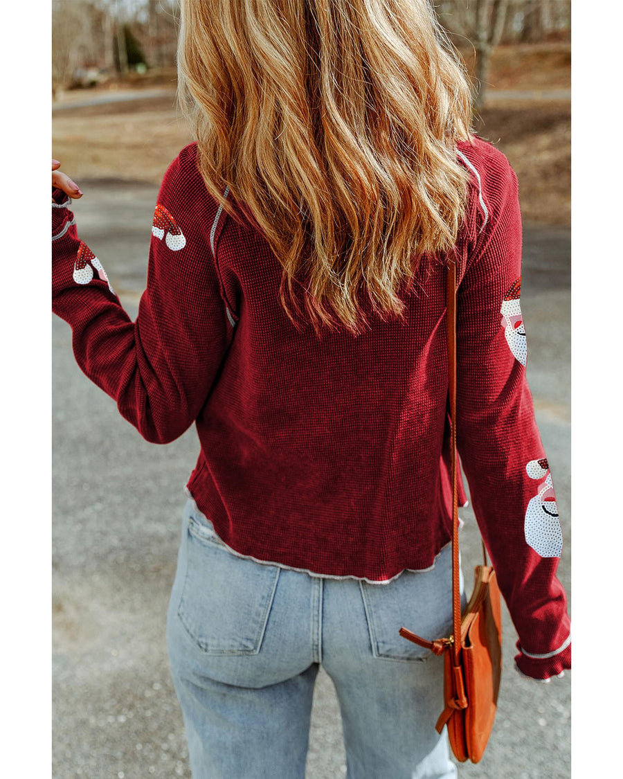 Red Sequin Santa Claus Graphic Textured Long Sleeve Top - S