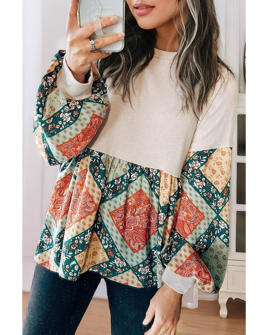 Jet Stream Paisley Geometric Patchwork Crew Neck Loose Fit Top - XL