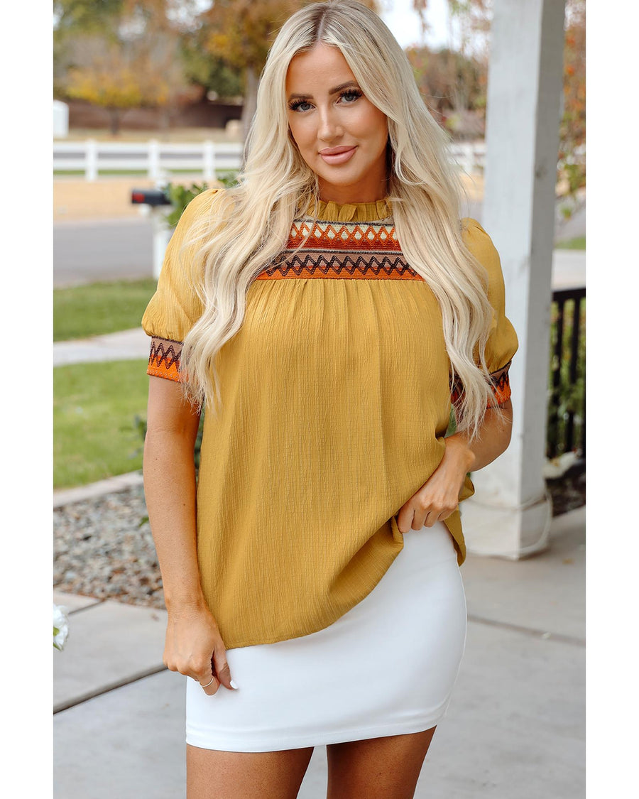 Mustard Geometric Short Puff Sleeve Frilled Collar Blouse - M