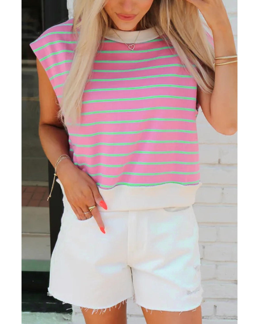 Sachet Pink Striped Crew Neck Cap Sleeve T Shirt - XL