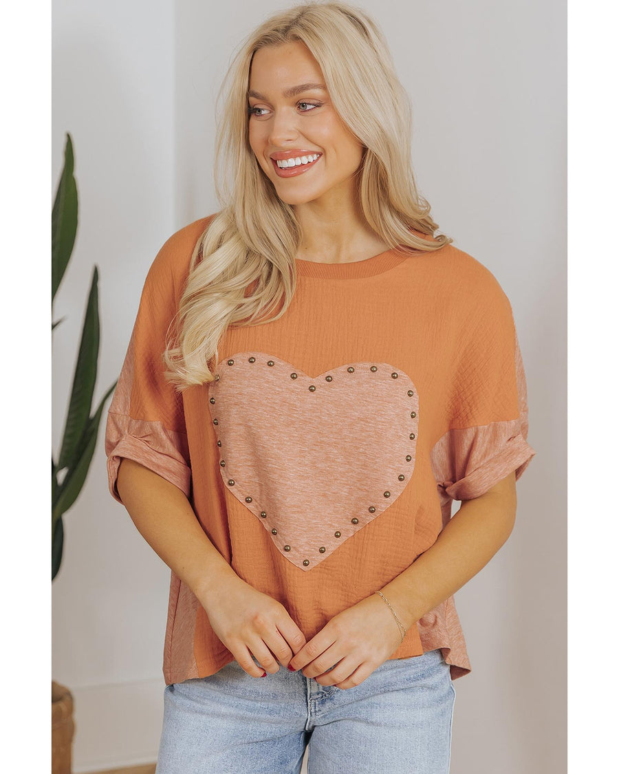 Desert Gold Stud Heart Patch Textured Front Dolman Top - S
