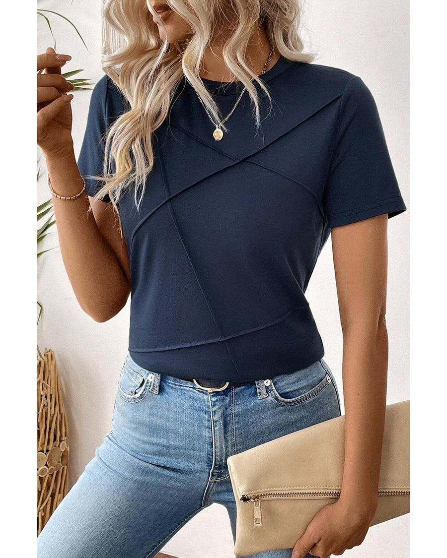 Dirty blue Solid Color Toothpick Stripe Round Neck T Shirt - M