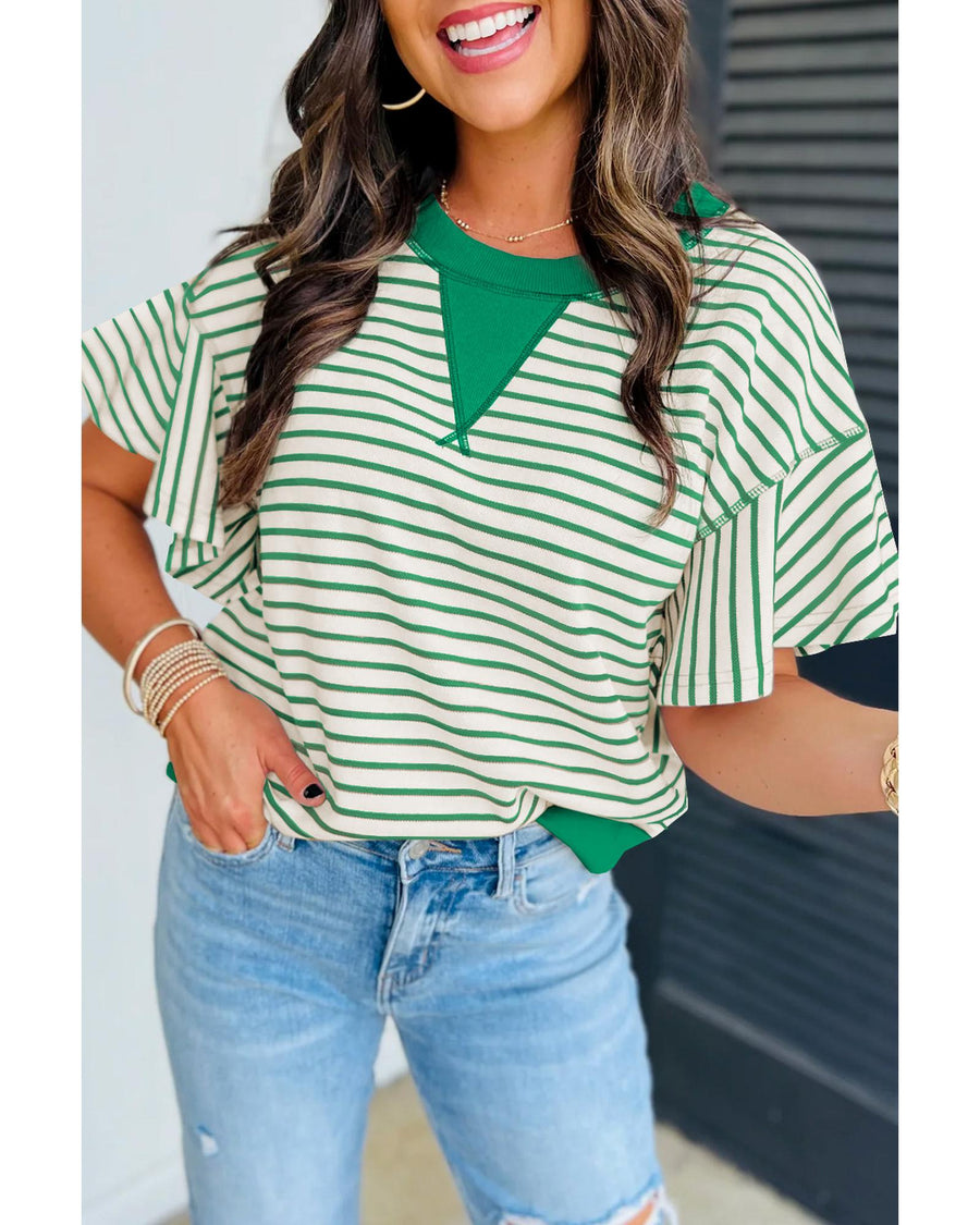 Bright Green Contrast Detail Striped Ruffle Short Sleeve Top - S