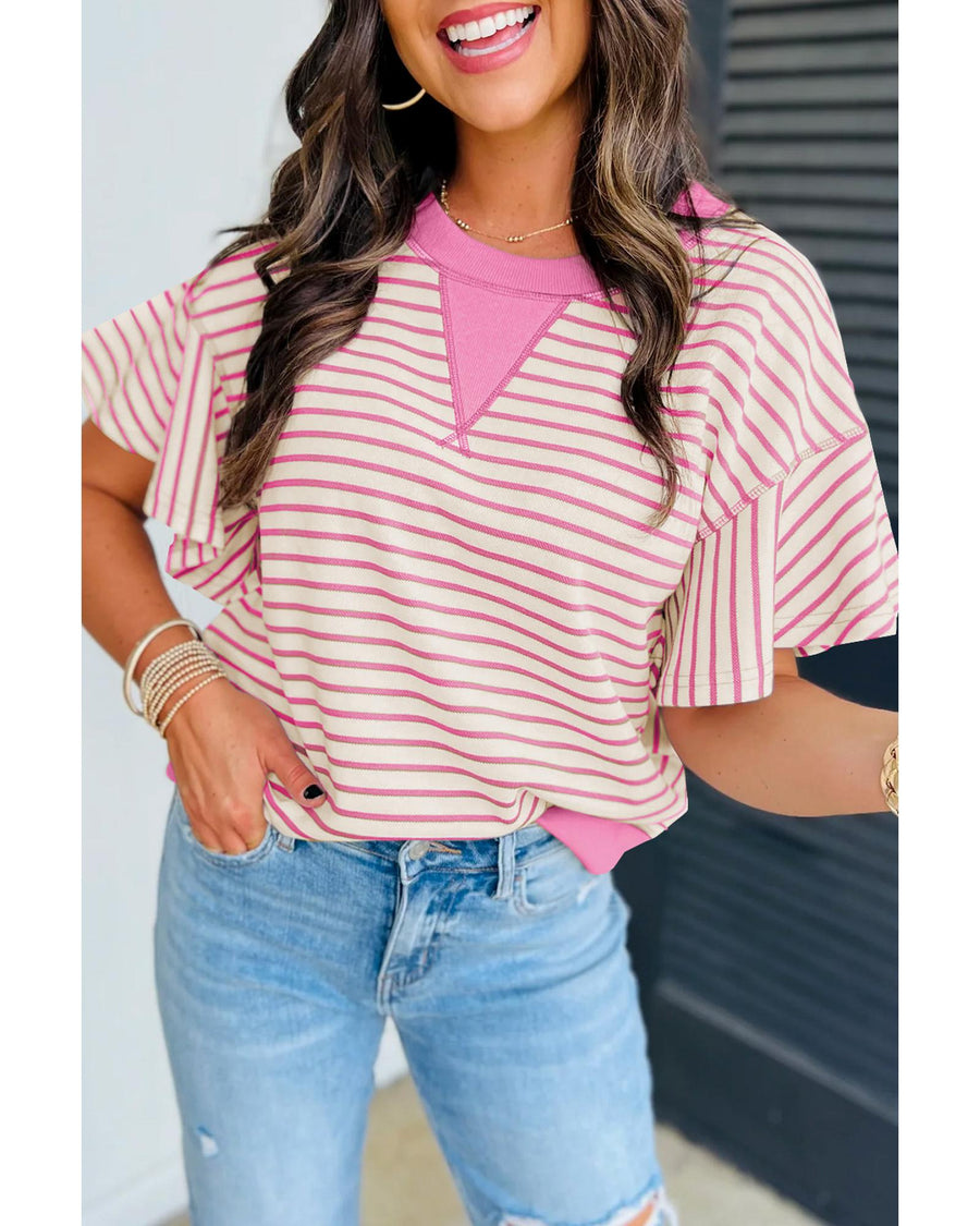 Sachet Pink Contrast Detail Striped Ruffle Short Sleeve Top - XL