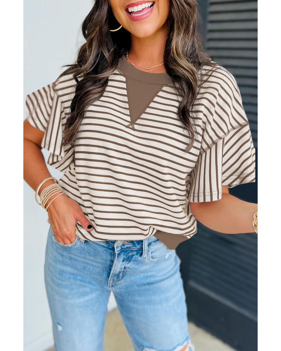 Parchment Contrast Detail Striped Ruffle Short Sleeve Top - M