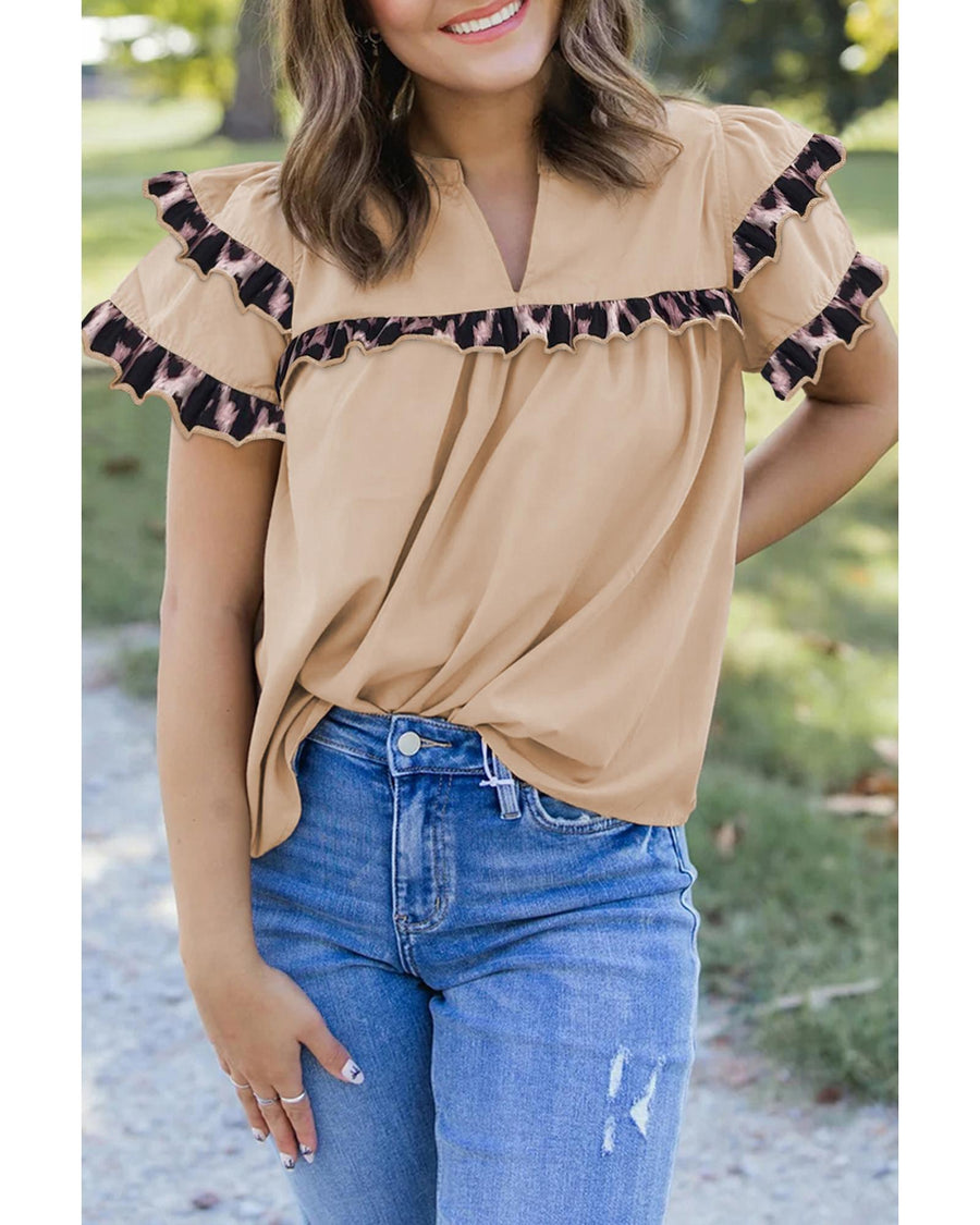 Smoke Gray Leopard Ruffles Trim Tiered Short Sleeve Blouse - S