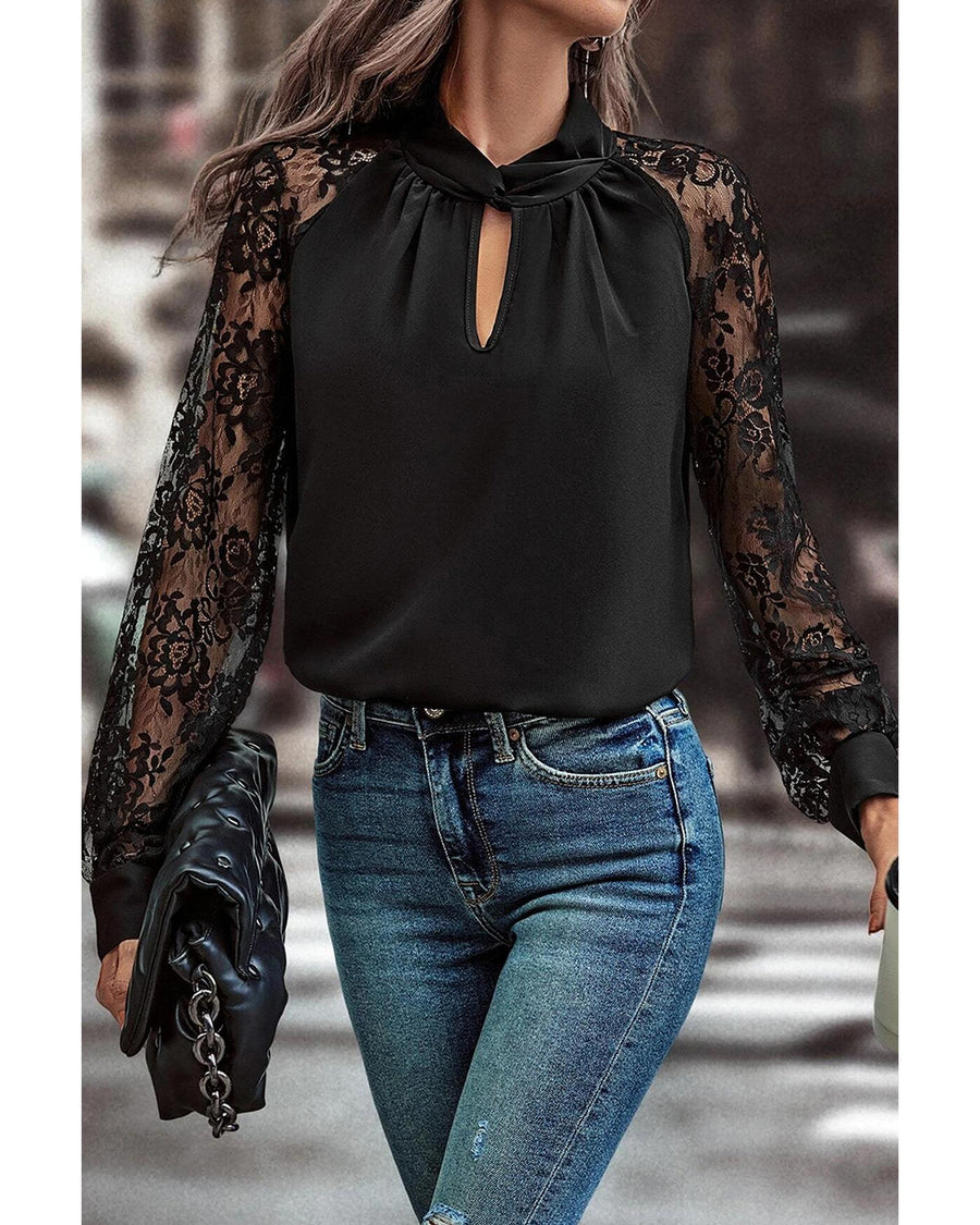 Black Keyhole Neckline Floral Lace Raglan Sleeve Blouse - M