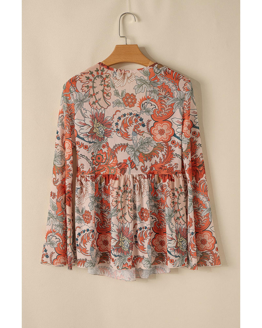Orange Floral Print Deep V Neck Knot Bell Sleeve Blouse - M