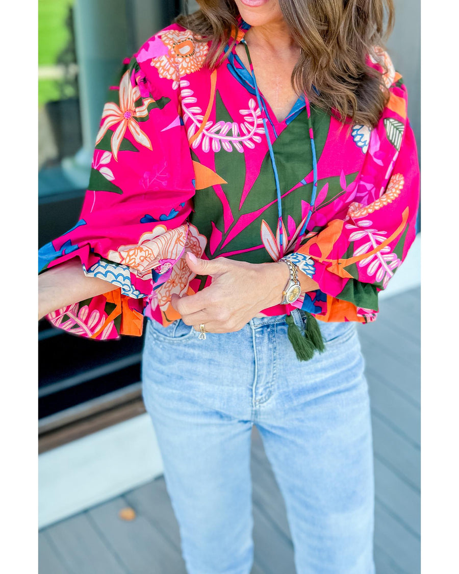 Rose Blooming Flower Print Ruffled Puff Sleeve Blouse - M