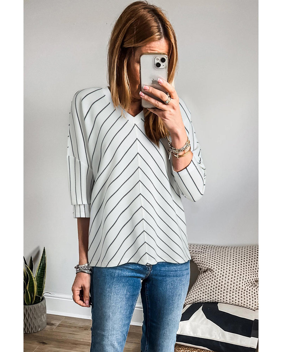 Black Stripe Chevron Striped V Neck Long Sleeve Casual Top - XL