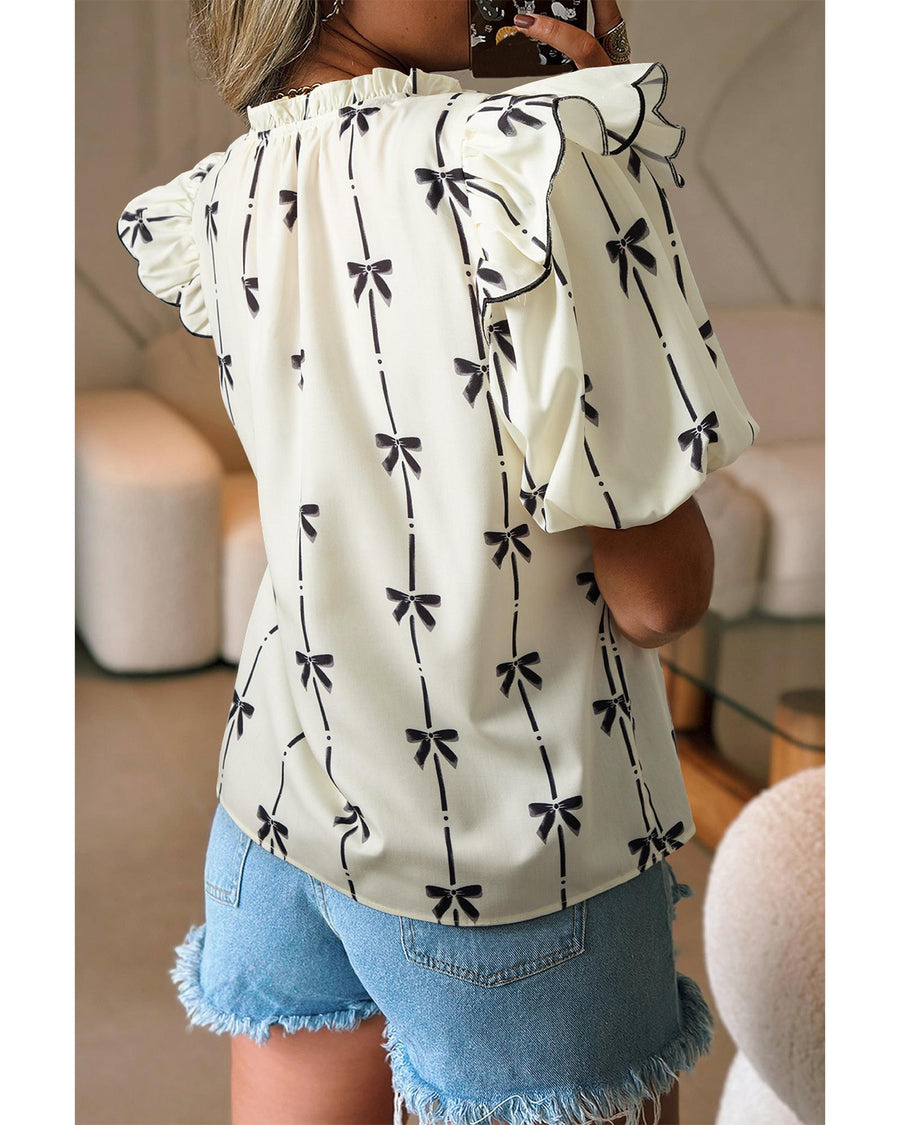 Beige Bow Printed Ruffled Bubble Sleeve Tied Notched V Neck Blouse - S